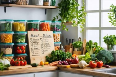 An inviting kitchen scene featuring organized meal prep containers with a variety of colorful, nutritious ingredients, alongside a handwritten meal plan list and fresh seasonal produce, reflecting a mindful approach to budgeting and meal preparation.