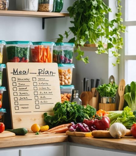 An inviting kitchen scene featuring organized meal prep containers with a variety of colorful, nutritious ingredients, alongside a handwritten meal plan list and fresh seasonal produce, reflecting a mindful approach to budgeting and meal preparation.