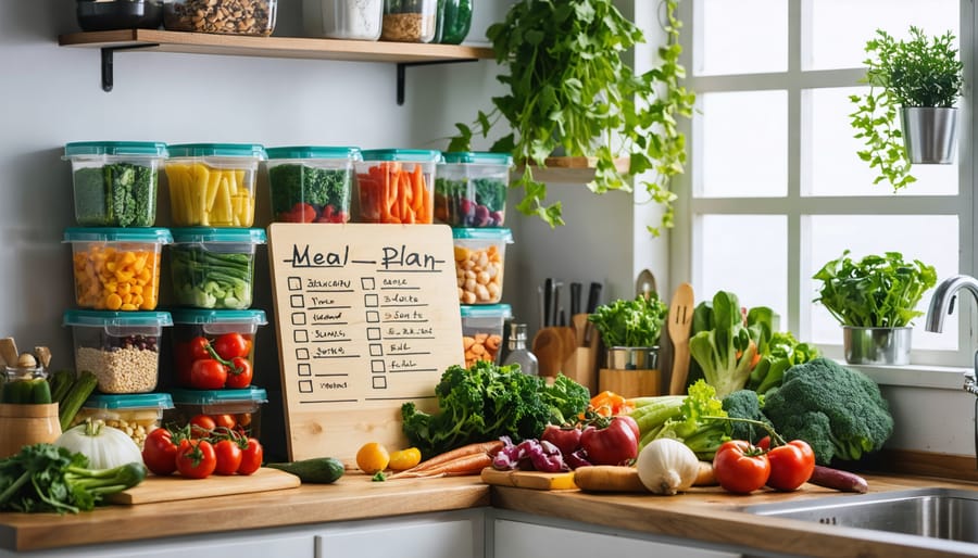 An inviting kitchen scene featuring organized meal prep containers with a variety of colorful, nutritious ingredients, alongside a handwritten meal plan list and fresh seasonal produce, reflecting a mindful approach to budgeting and meal preparation.