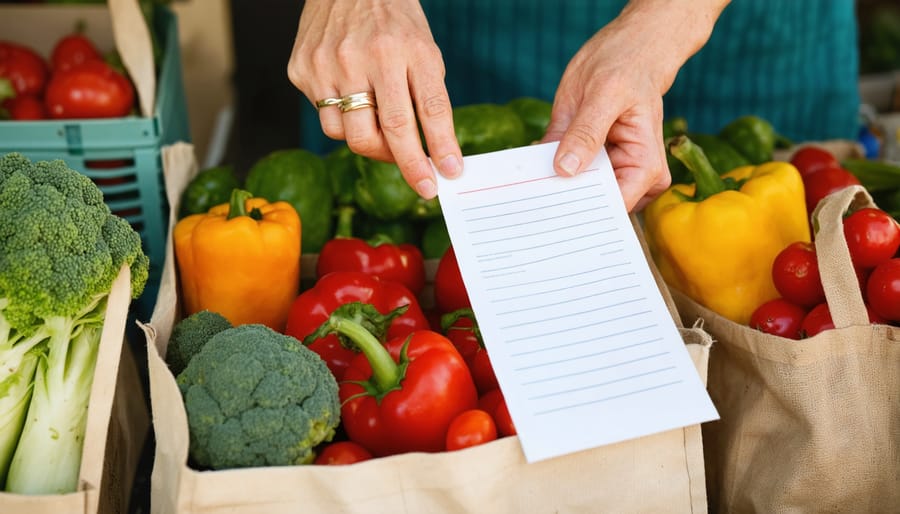 Person mindfully selecting seasonal produce with shopping list at farmers market