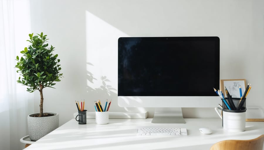 Calming workspace design featuring natural elements and minimalist organization