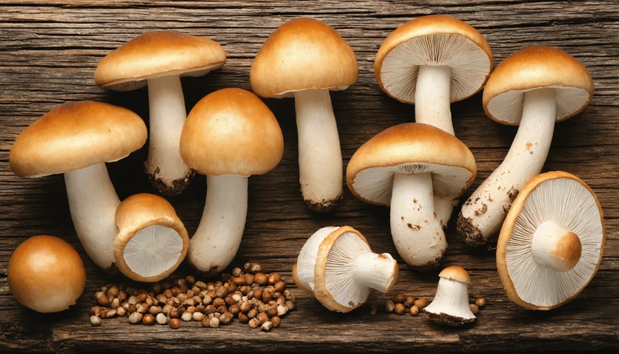 Four-panel image showing selection of fresh mushrooms, cleaning process, proper storage containers, and refrigeration