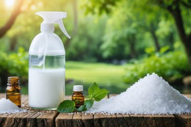 A bottle of homemade natural fabric softener with ingredients including white vinegar, essential oils, and baking soda, set against a lush green landscape backdrop to emphasize eco-friendliness and sustainability.