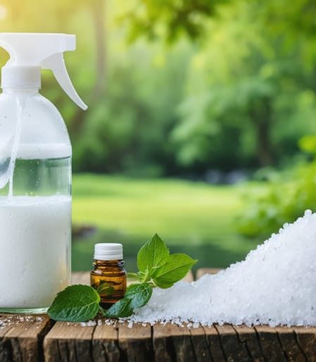 A bottle of homemade natural fabric softener with ingredients including white vinegar, essential oils, and baking soda, set against a lush green landscape backdrop to emphasize eco-friendliness and sustainability.