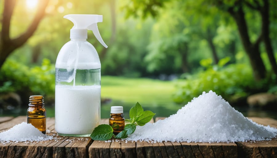 A bottle of homemade natural fabric softener with ingredients including white vinegar, essential oils, and baking soda, set against a lush green landscape backdrop to emphasize eco-friendliness and sustainability.