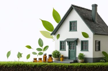 A serene home environment highlighting natural pest control methods, with sealed entry points, a clean kitchen, and natural deterrents like essential oils and diatomaceous earth, symbolizing protection and eco-friendly living.