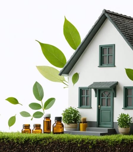 A serene home environment highlighting natural pest control methods, with sealed entry points, a clean kitchen, and natural deterrents like essential oils and diatomaceous earth, symbolizing protection and eco-friendly living.