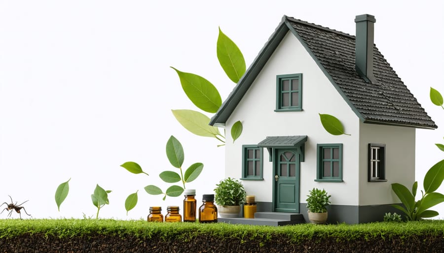 A serene home environment highlighting natural pest control methods, with sealed entry points, a clean kitchen, and natural deterrents like essential oils and diatomaceous earth, symbolizing protection and eco-friendly living.