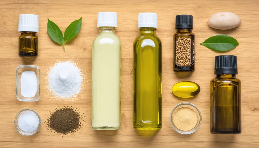 Natural pest control ingredients including vinegar, diatomaceous earth, and essential oil bottles