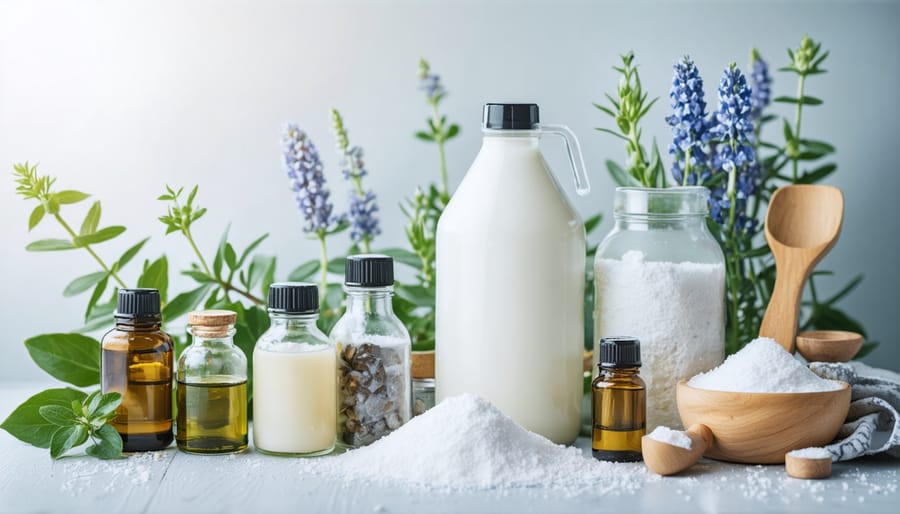 Natural fabric softener ingredients laid out with measuring cups and bottles