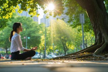 Urban professional woman practicing mindful meditation under a tree in a city park with sunlight streaming through the leaves, representing the rejuvenating power of nature even in urban settings.