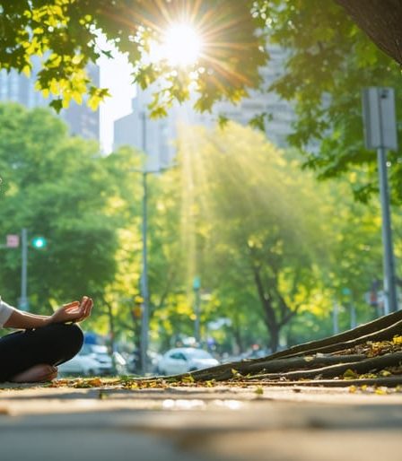 Urban professional woman practicing mindful meditation under a tree in a city park with sunlight streaming through the leaves, representing the rejuvenating power of nature even in urban settings.