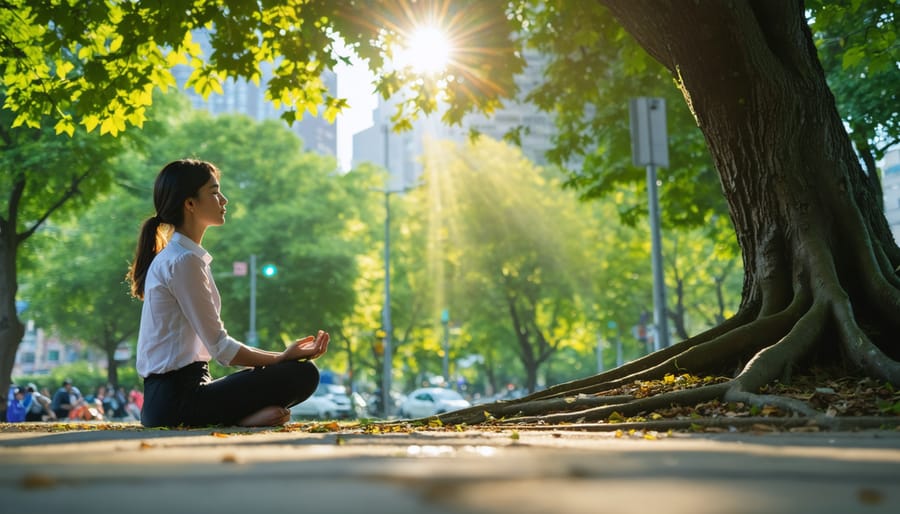 Urban professional woman practicing mindful meditation under a tree in a city park with sunlight streaming through the leaves, representing the rejuvenating power of nature even in urban settings.
