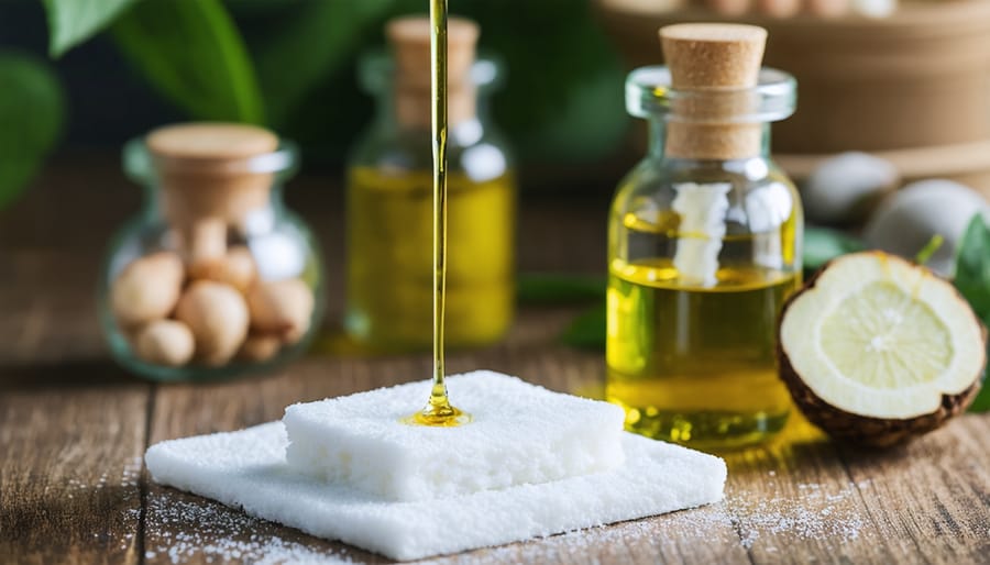 Organic cleansing oil being poured onto a white cotton pad with natural ingredient bottles in background