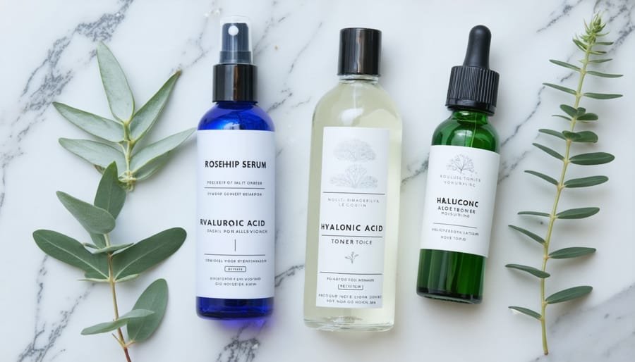 Flatlay arrangement of organic skincare products with fresh herbs and flowers