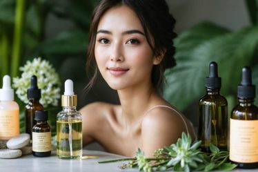 A woman with radiant skin amidst an array of organic skincare products, featuring oils, serums, and moisturizers alongside fresh green plants and glass bottles.