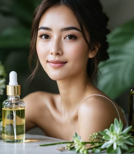 A woman with radiant skin amidst an array of organic skincare products, featuring oils, serums, and moisturizers alongside fresh green plants and glass bottles.