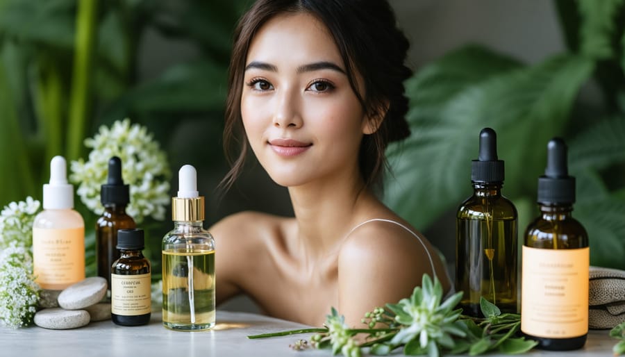 A woman with radiant skin amidst an array of organic skincare products, featuring oils, serums, and moisturizers alongside fresh green plants and glass bottles.