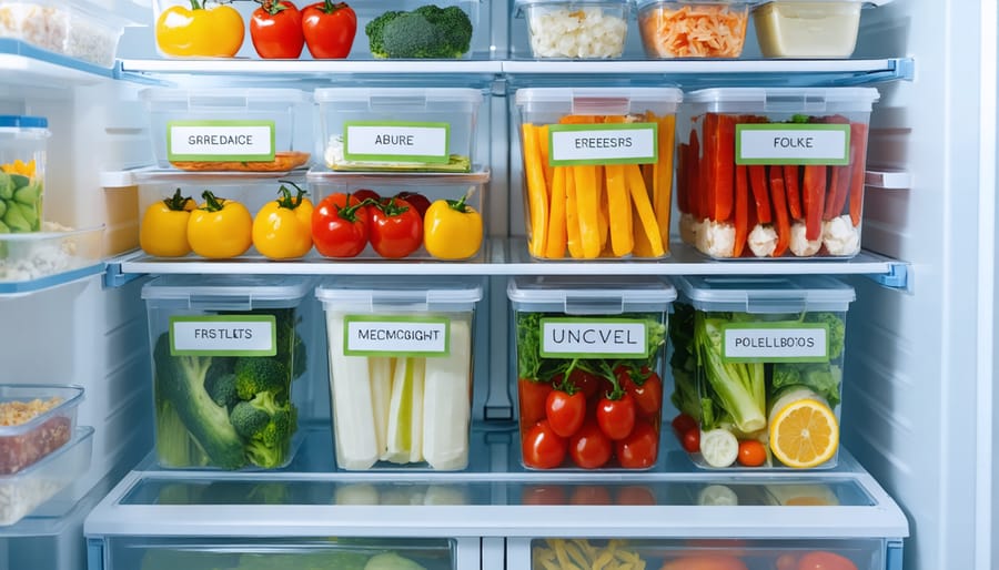 Organized refrigerator showing meal prep containers and categorized ingredients
