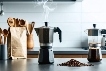 A modern kitchen counter showcasing a freshly brewed pot of coffee surrounded by measuring tools, coffee beans, and a pitcher of filtered water, symbolizing the precise science of achieving the perfect coffee-to-water ratio.