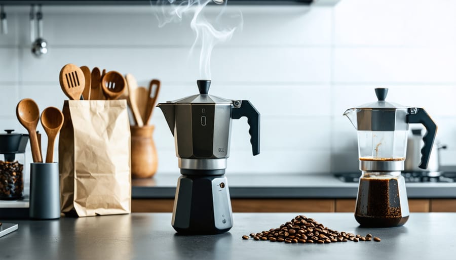 A modern kitchen counter showcasing a freshly brewed pot of coffee surrounded by measuring tools, coffee beans, and a pitcher of filtered water, symbolizing the precise science of achieving the perfect coffee-to-water ratio.