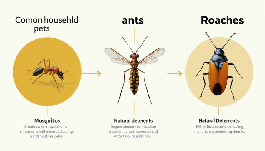 Illustrated guide showing natural deterrents for ants, mosquitoes, and cockroaches