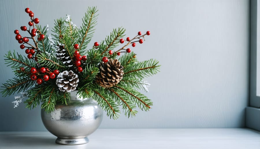 Elegant holiday centerpiece featuring pine branches, cedar sprigs, and red berries in a metallic vase