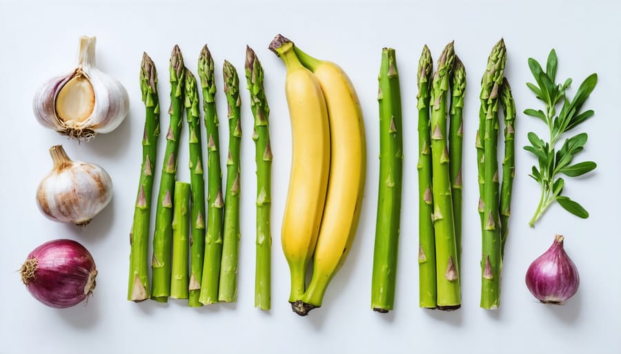 Collection of fresh prebiotic-rich foods arranged on a wooden surface