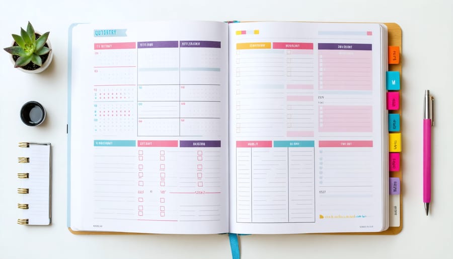 Quarterly goal planner with color-coded sections and progress tracking pages