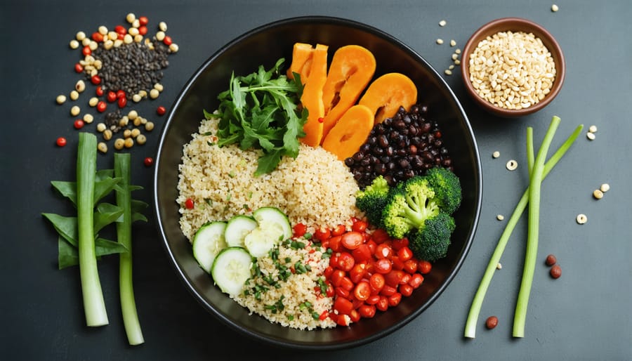 Healthy quinoa Buddha bowl with diverse vegetables and protein sources