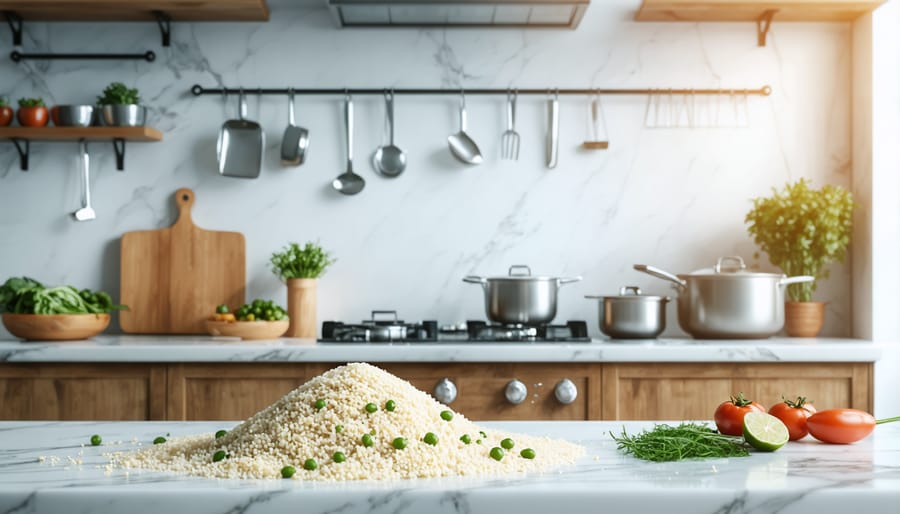 Four stages of cooking quinoa from rinsing to fluffy finished product