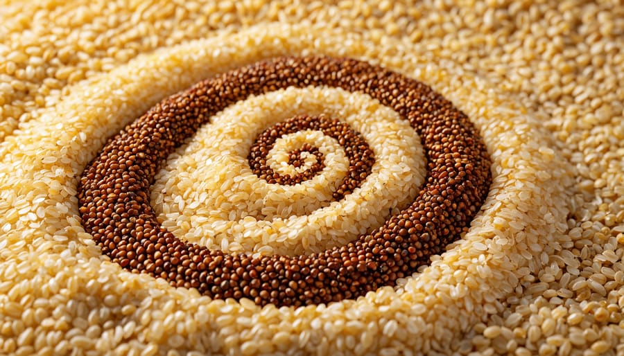 Detailed view of perfectly cooked quinoa seeds showing their spiral structure