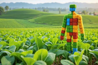 Artistic representation of quinoa grains forming into colorful building blocks building a human shape, symbolizing complete protein structure and essential amino acids for a healthy body.