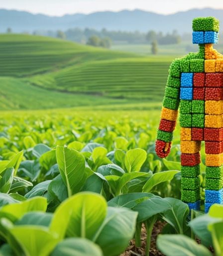 Artistic representation of quinoa grains forming into colorful building blocks building a human shape, symbolizing complete protein structure and essential amino acids for a healthy body.