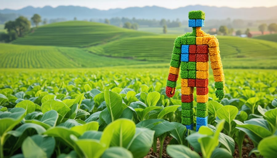 Artistic representation of quinoa grains forming into colorful building blocks building a human shape, symbolizing complete protein structure and essential amino acids for a healthy body.