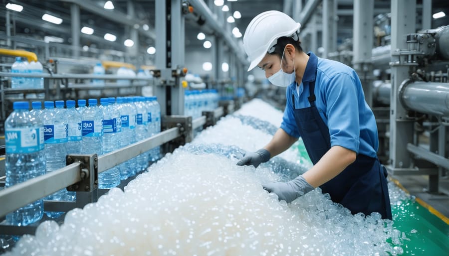 Industrial recycling process converting plastic bottles into fabric fibers