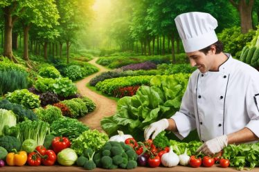 A visually engaging collage depicting a lush, diverse garden filled with vegetables and herbs seamlessly transitioning into a sophisticated kitchen where a chef inspects fresh, high-quality produce that symbolizes the flavor and quality achieved through regenerative farming practices.