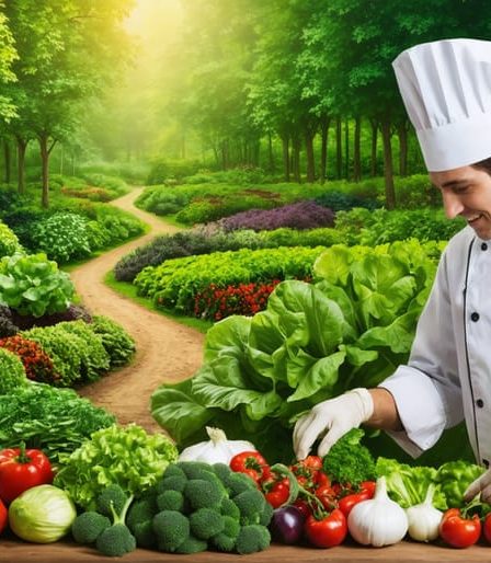 A visually engaging collage depicting a lush, diverse garden filled with vegetables and herbs seamlessly transitioning into a sophisticated kitchen where a chef inspects fresh, high-quality produce that symbolizes the flavor and quality achieved through regenerative farming practices.