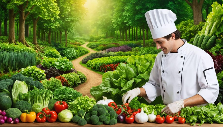 A visually engaging collage depicting a lush, diverse garden filled with vegetables and herbs seamlessly transitioning into a sophisticated kitchen where a chef inspects fresh, high-quality produce that symbolizes the flavor and quality achieved through regenerative farming practices.