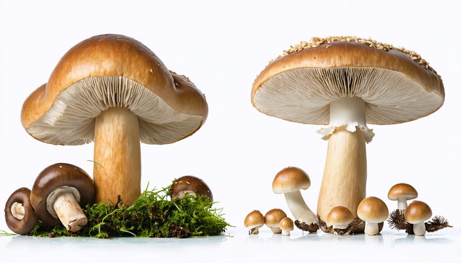 A comparison showing fresh, edible mushrooms such as portobello and shiitake on one side, outlined against microscopic harmful fungi on the other, conveying the safety of consuming properly sourced and prepared mushrooms.