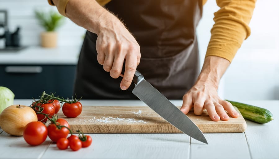 Cooking instructor teaching safe knife skills to children