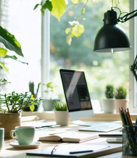 A peaceful and organized workspace featuring a professional seated at a modern desk, with green plants and natural sunlight creating a calm ambiance that supports mindful work.