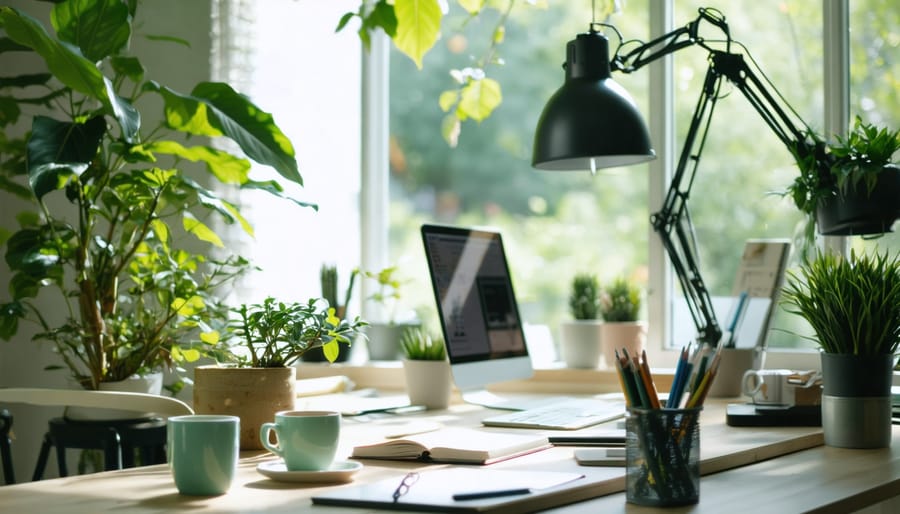 A peaceful and organized workspace featuring a professional seated at a modern desk, with green plants and natural sunlight creating a calm ambiance that supports mindful work.