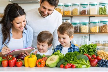 A family of four planning meals around a table filled with fresh produce, pantry staples, and a meal plan notepad in a cozy kitchen.