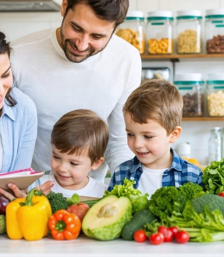 A family of four planning meals around a table filled with fresh produce, pantry staples, and a meal plan notepad in a cozy kitchen.