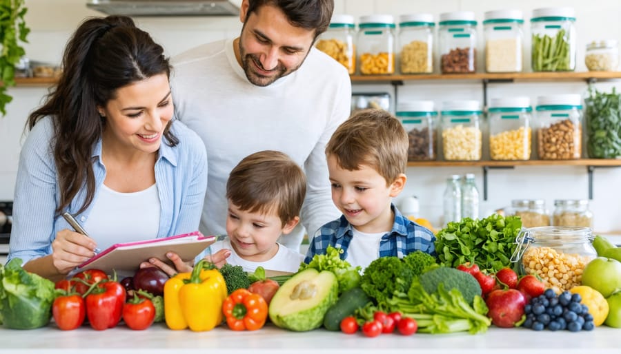 A family of four planning meals around a table filled with fresh produce, pantry staples, and a meal plan notepad in a cozy kitchen.