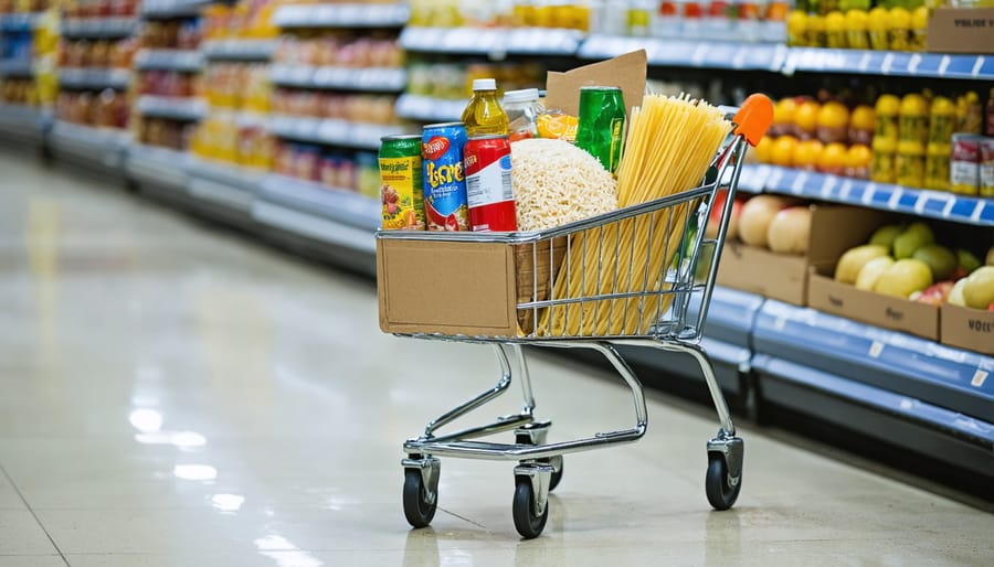 Smart grocery shopping with bulk items and seasonal produce in shopping cart