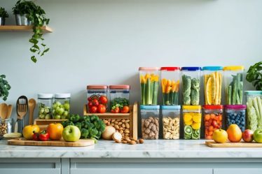 A neatly arranged kitchen counter featuring a variety of fresh fruits, vegetables, nuts, and organized snack containers, showcasing the essentials for efficient and mindful snack preparation.