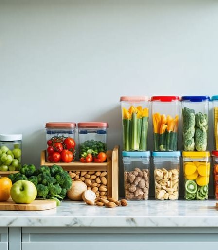 A neatly arranged kitchen counter featuring a variety of fresh fruits, vegetables, nuts, and organized snack containers, showcasing the essentials for efficient and mindful snack preparation.