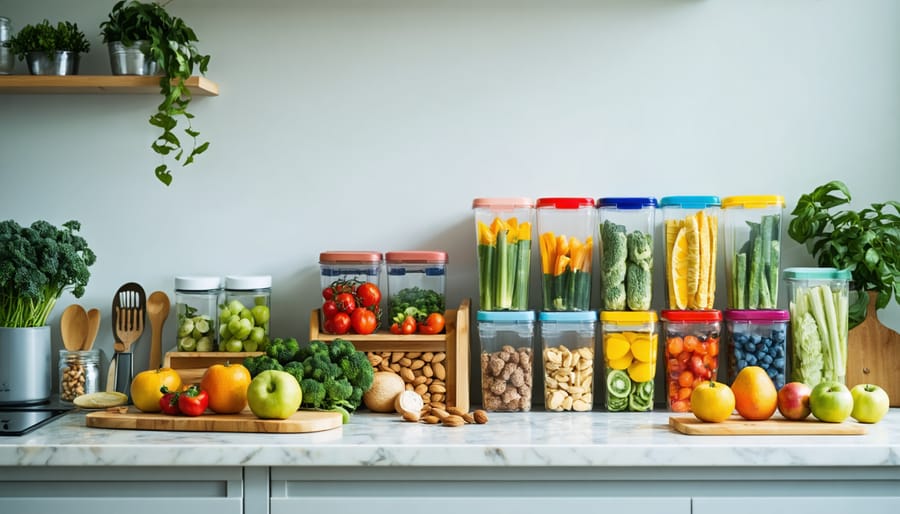 A neatly arranged kitchen counter featuring a variety of fresh fruits, vegetables, nuts, and organized snack containers, showcasing the essentials for efficient and mindful snack preparation.